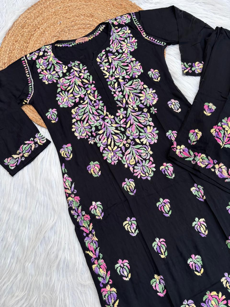 Rawa Soft Rayon Multi Handwork Chikankari Kurti Plazo Set -Purple  Colour