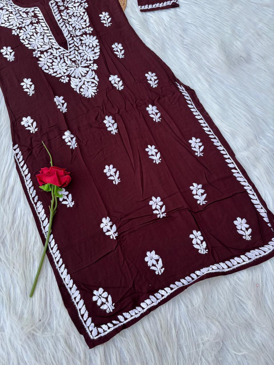Hiba Soft Rayon Handwork Chikankari Kurti - Brown Colour