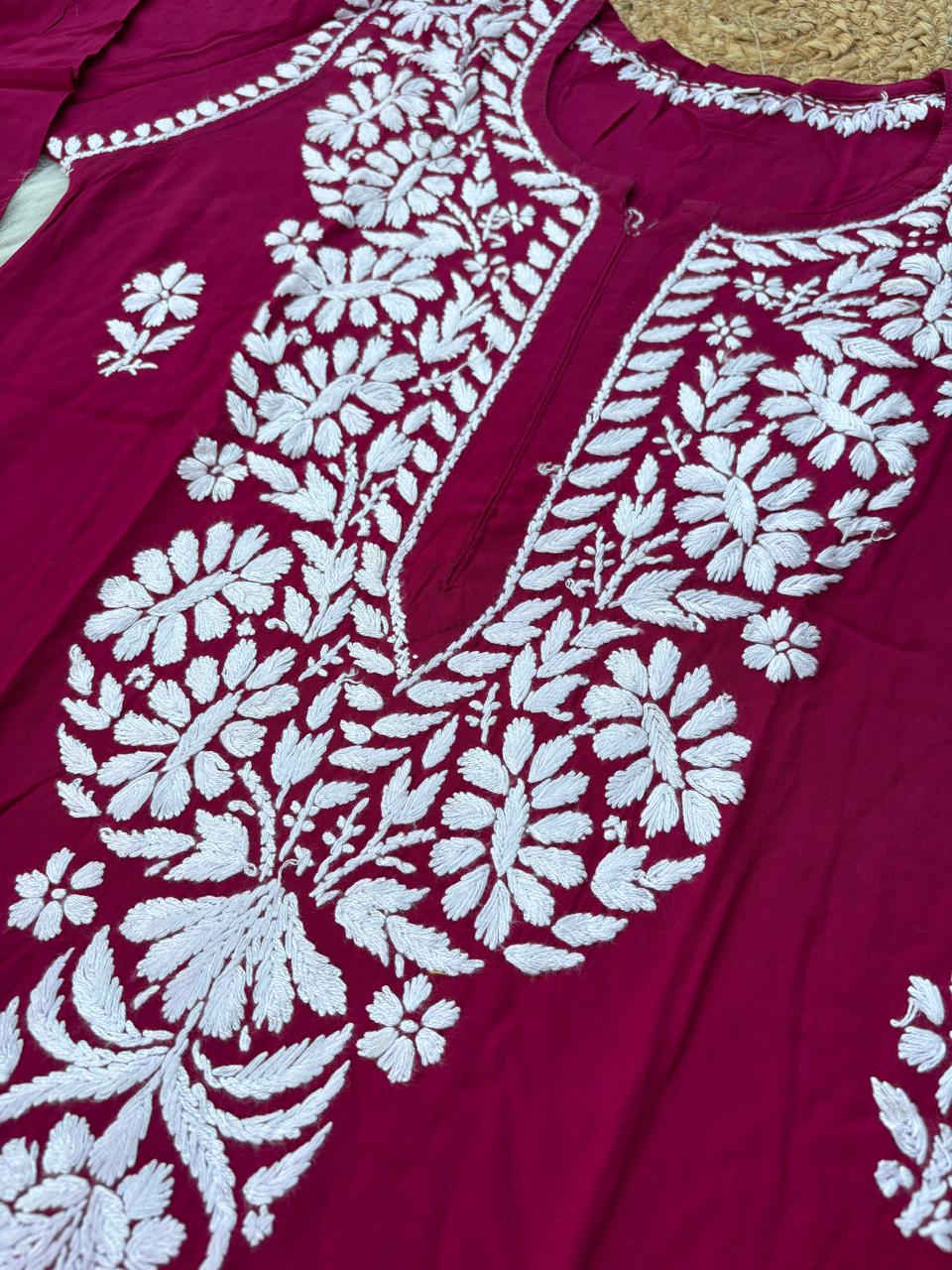 Hiba Soft Rayon Handwork Chikankari Kurti - Maroon Colour