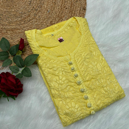 Adaah Ombre Shaded Dobby Cotton Chikankari Kurti -Yellow