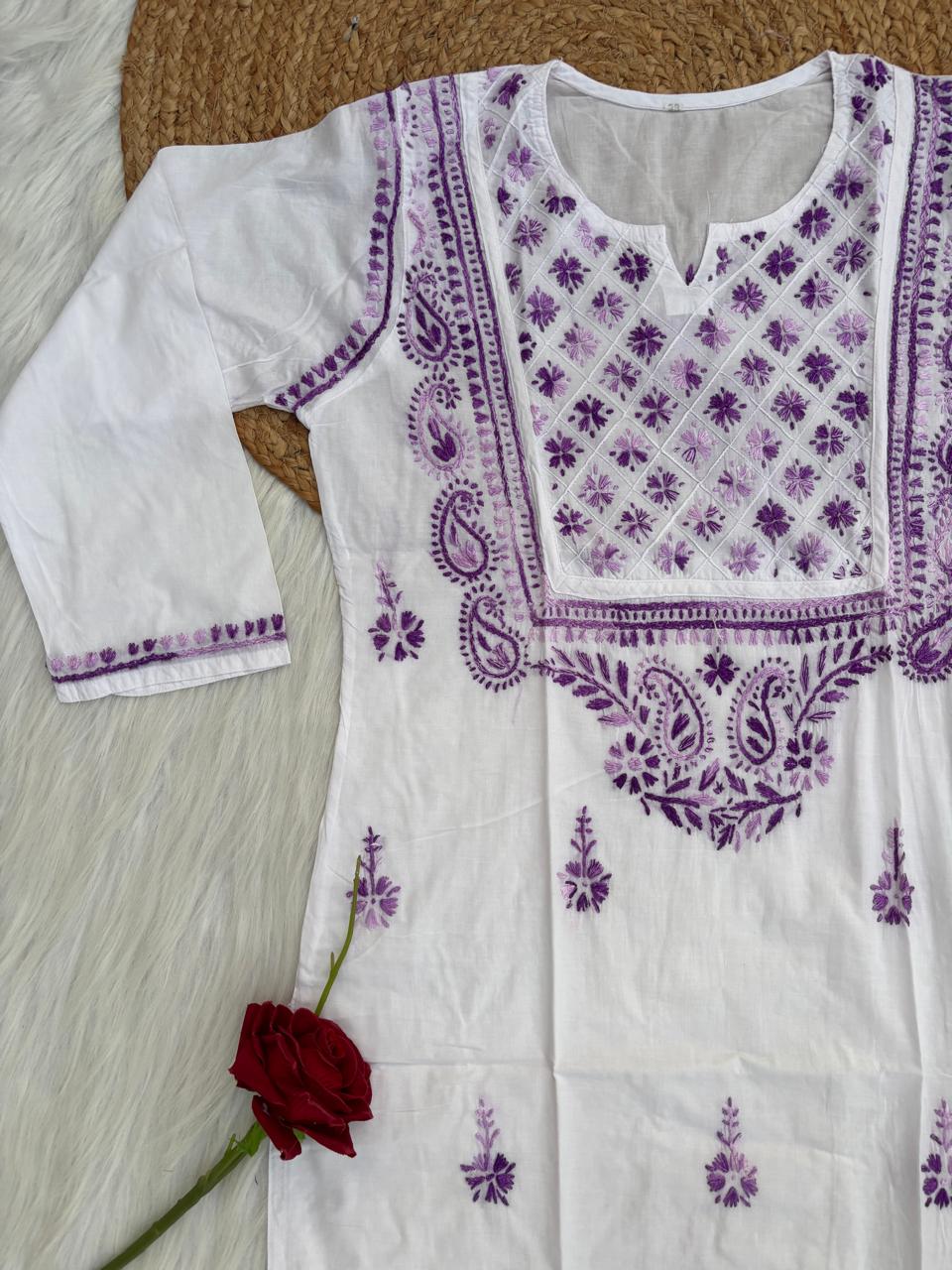 Zoya Cotton Lucknowi Handwork Chikankari Kurti - White Purple Colour