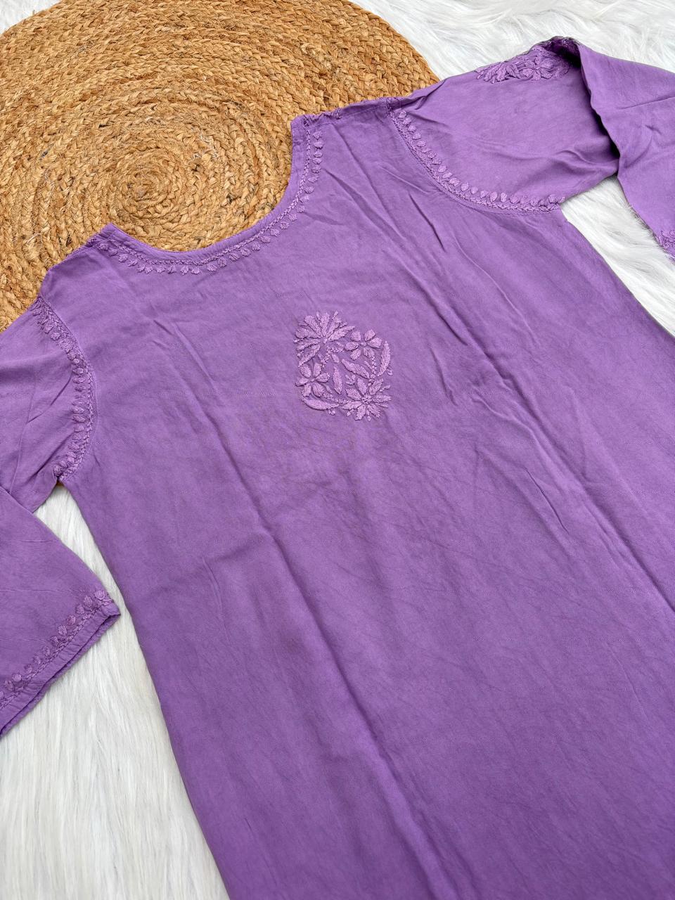 Kiara Dyeable Soft Rayon Handwork Chikankari Kurti - Purple Colour