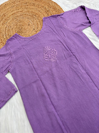 Kiara Dyeable Soft Rayon Handwork Chikankari Kurti - Purple Colour