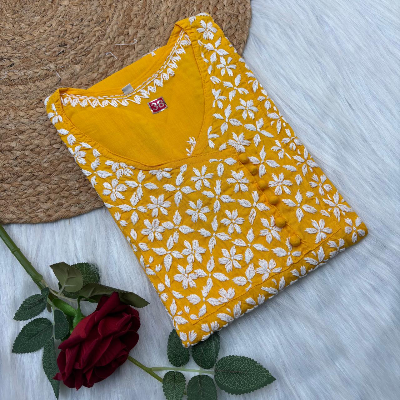 Sabeena Pure Cotton Chikankari Kurti Yellow Colour
