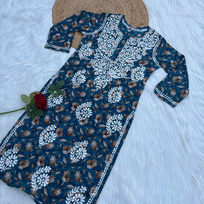 Sana Pure Mulmul Chikankari Handwork Kurti -Sea Green Colour