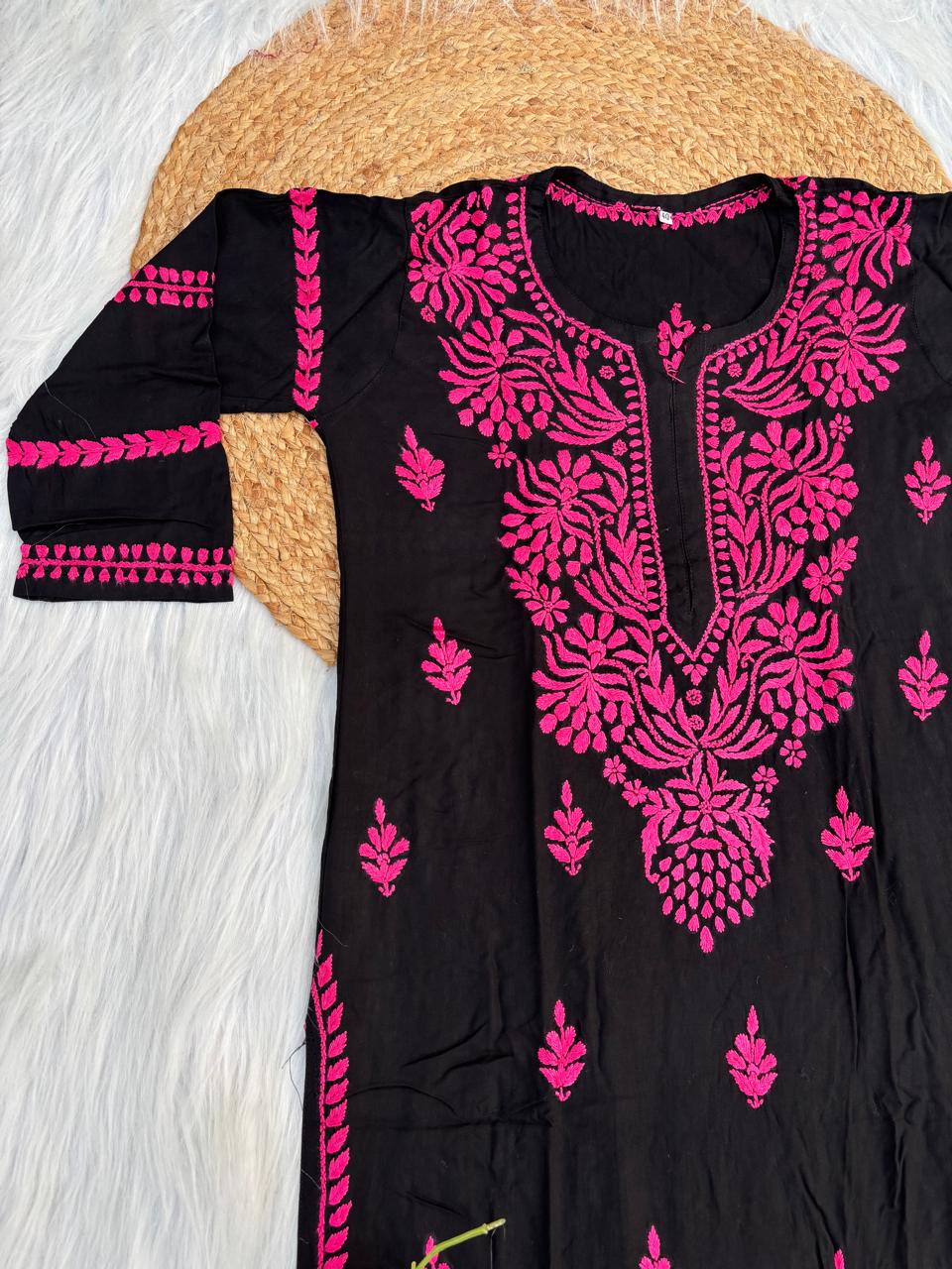 Shifa Soft Rayon Lucknowi Chikankari Kurti - Black Dark Pink Color