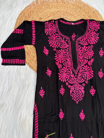 Shifa Soft Rayon Lucknowi Chikankari Kurti - Black Dark Pink Color