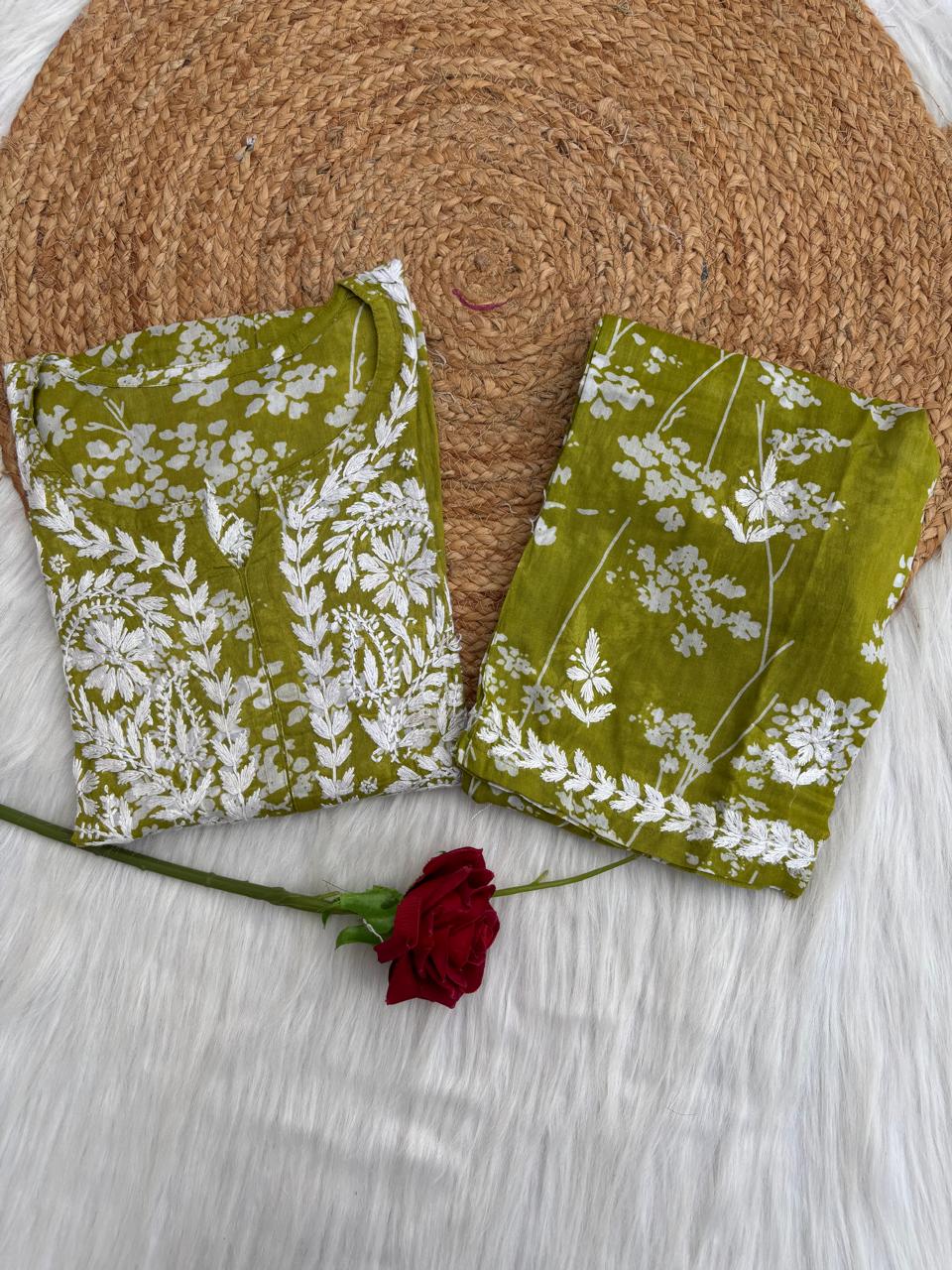 Jiya Mulmul Cotton Handwork Chikankari Kurti Set - Green Colour