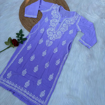 Isha Slub Cotton Chikankari Kurti - Purple colour