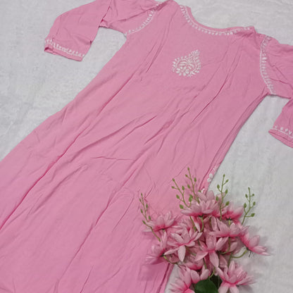 Boat Neck Rayon Chikankari Kurti -Baby Pink