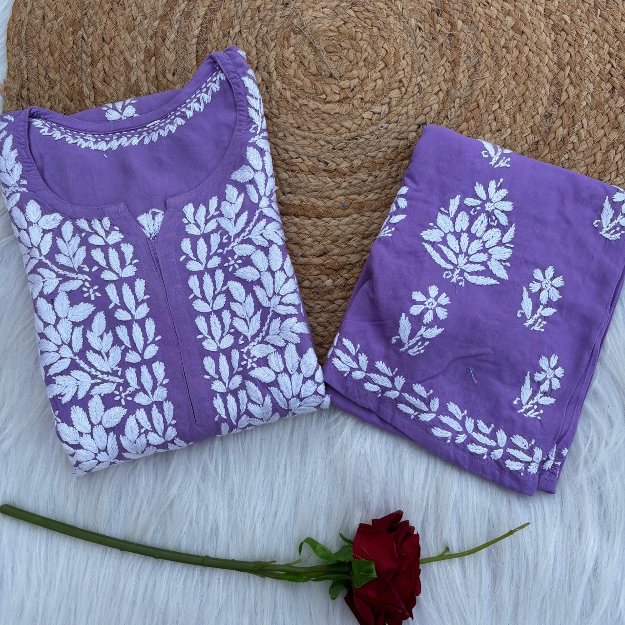 Samara Rayon Handwork Chikankari Kurti Plazo Set -  Purple Colour