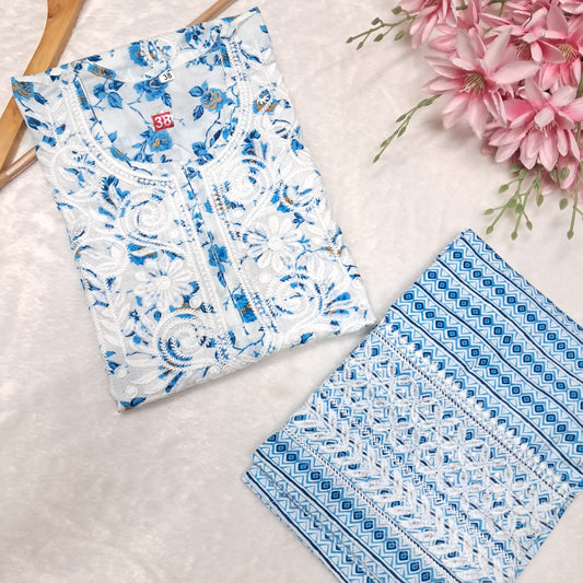 Printed Cotton Chikankari Machine Work Kurti Plazo Set - Sky Blue Colour (Free Earrings!)