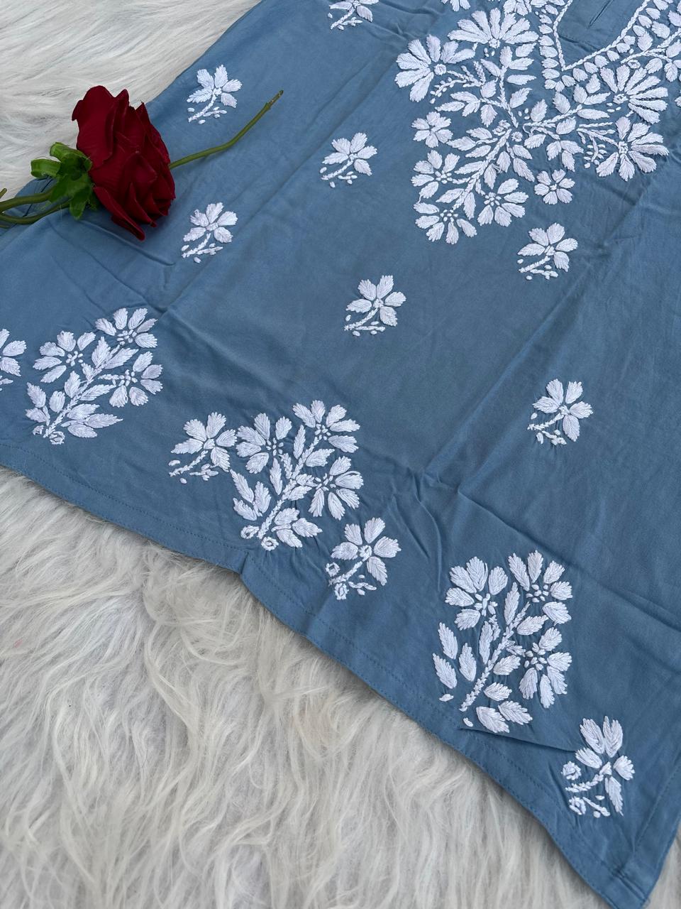 Ina Soft Rayon Handwork Chikankari Short Kurti - Blue Colour
