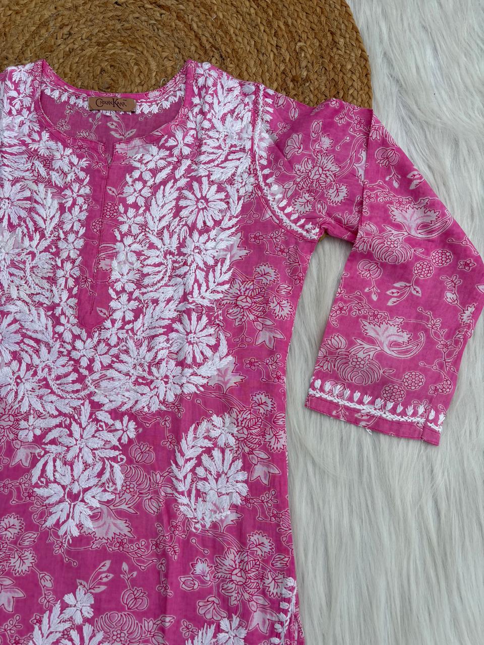 Sameera Pure Mulmul Chikankari Handwork Kurti - Pink Colour