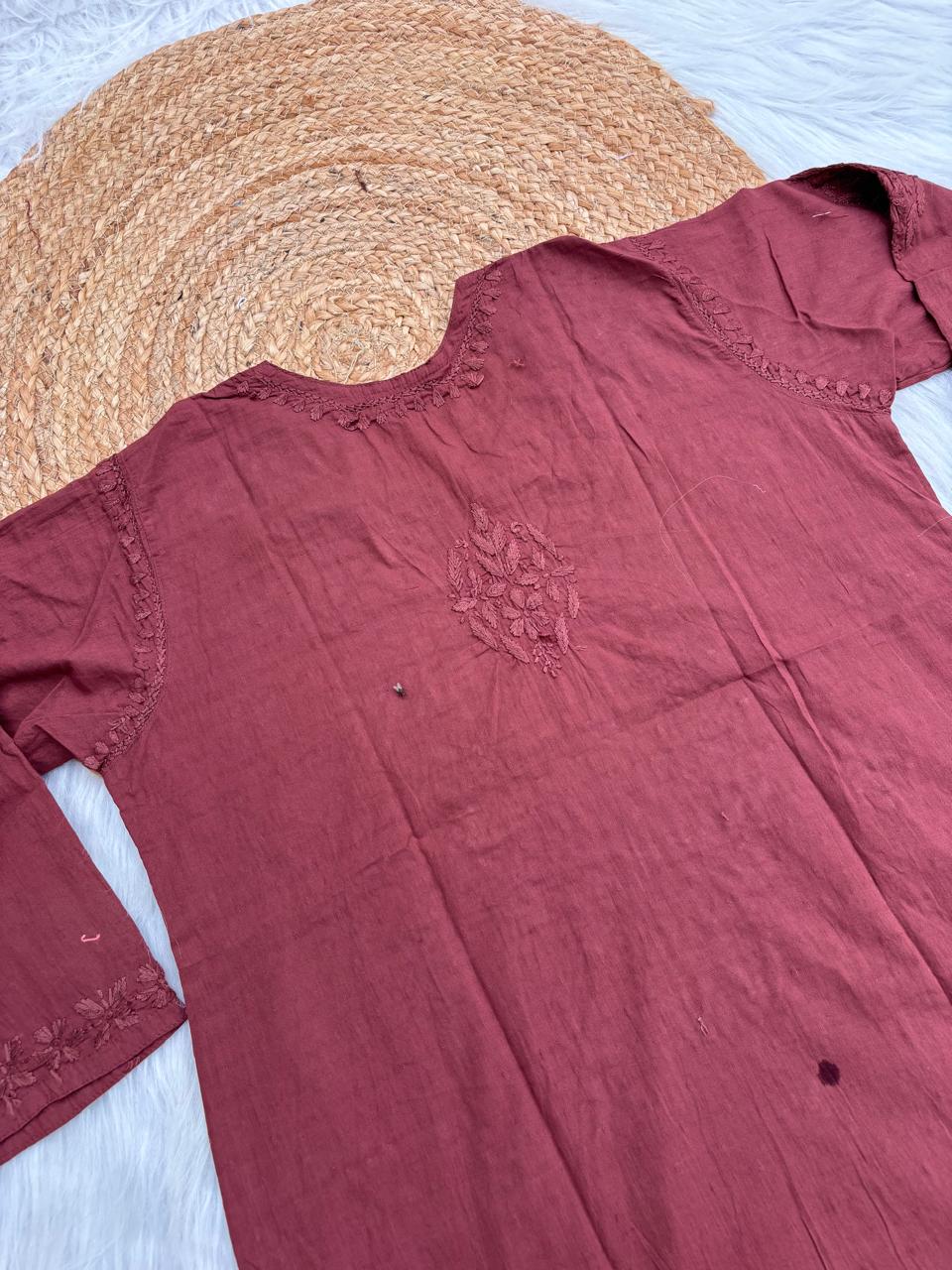 Ziva Soft Dobby Cotton Lucknowi Handwork Chikankari Short Kurti - Brown Colour