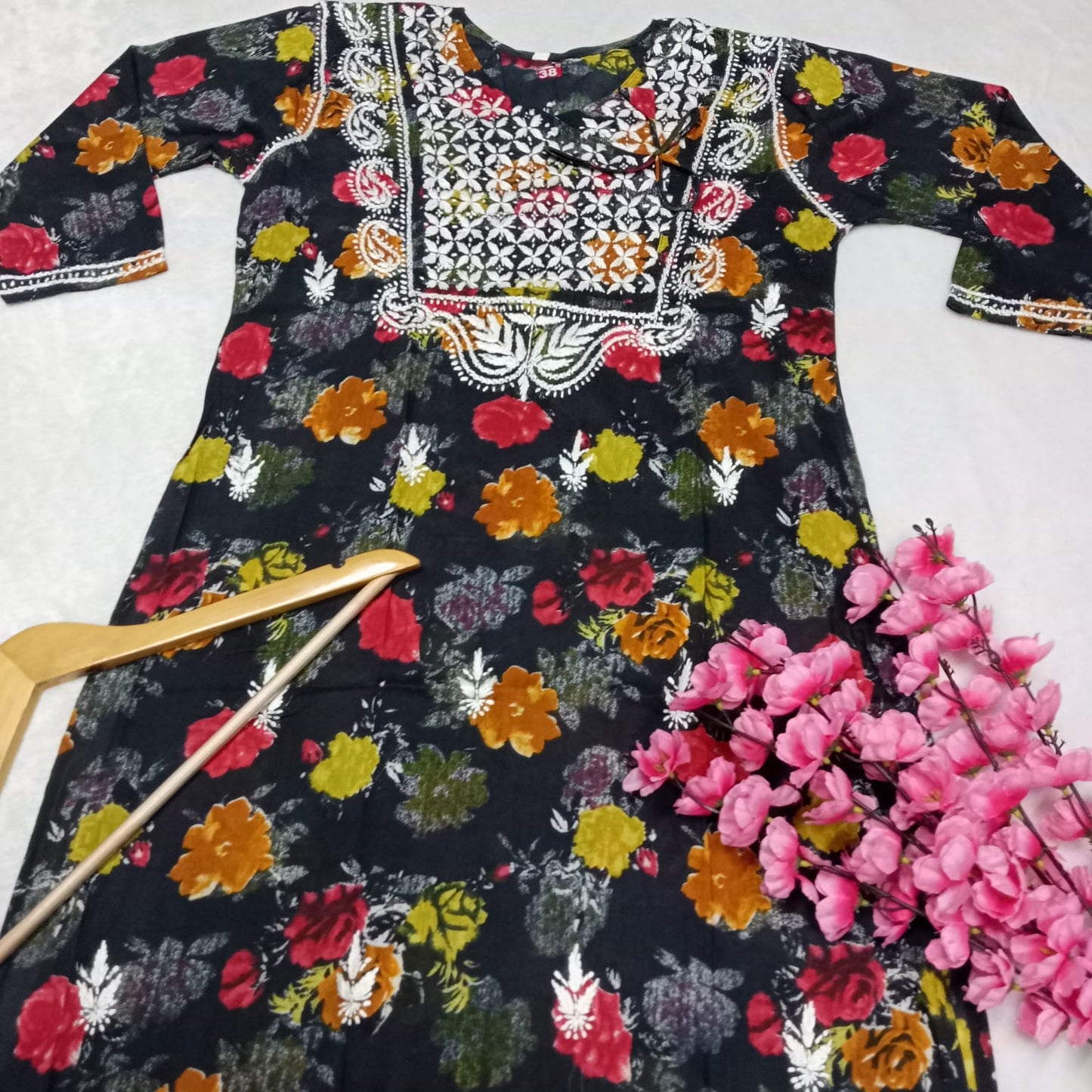 Masooma Mulmul Floral Printed Chikankari Handwork Kurti - Black Colour