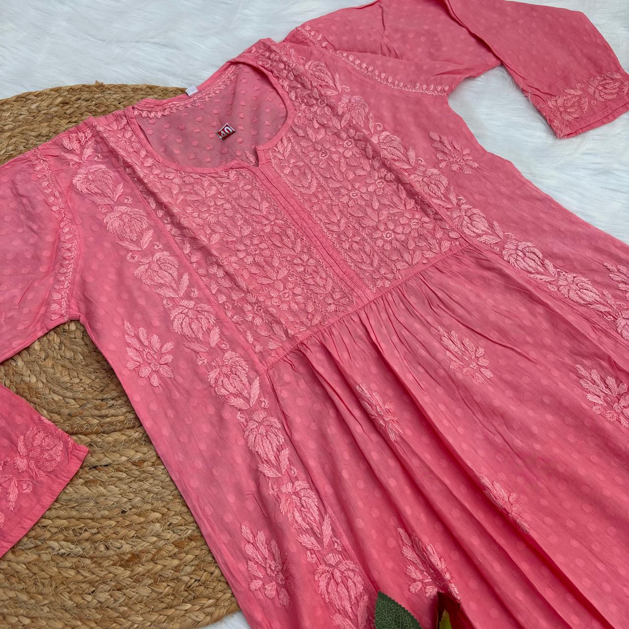 Aliya Dobby Cotton Nyra Cut Chikankari Aline Kurti - Peach Colour