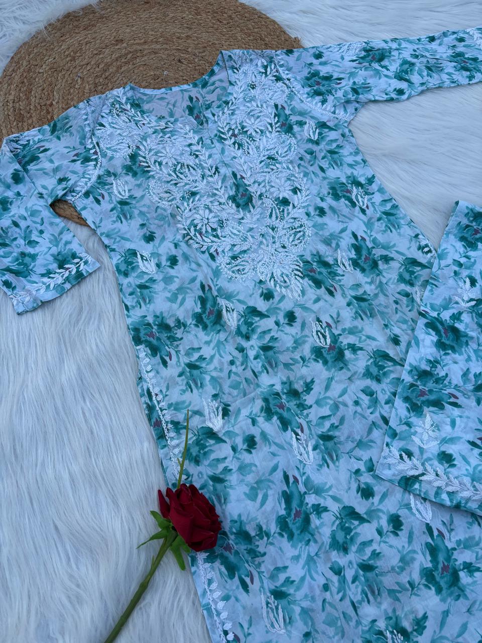 Hadaya Mulmul Cotton Chikankari Kurti Set - Sea Green Colour