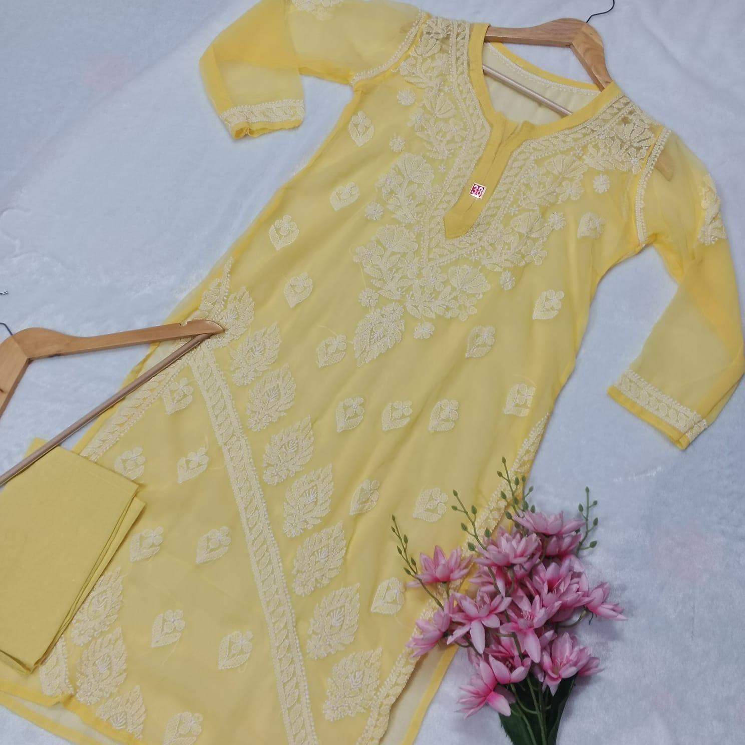 GRACEFUL GEORGETTE CHIKANKARI CROSS PANEL KURTI WITH INNER - YELLOW COLOUR - chikankaar