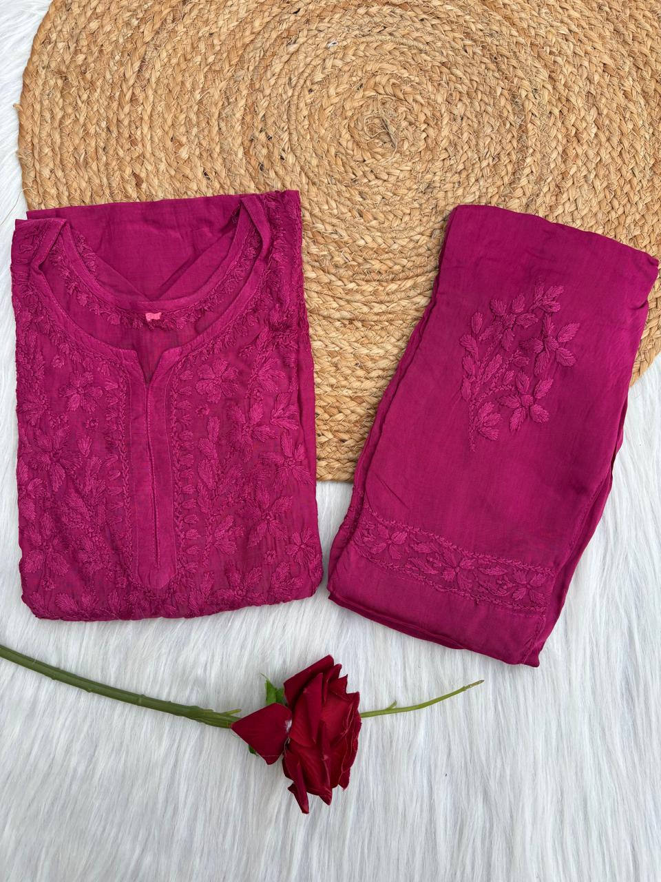 Nadia Muslin Lucknowi Chikankari Kurti Pant Set - Wine Color