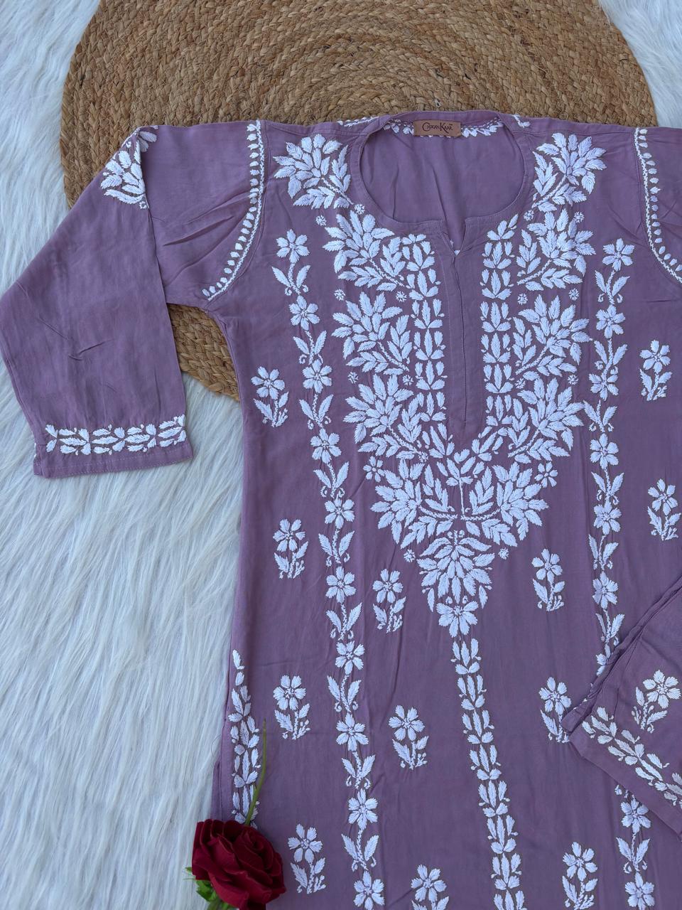 Samara Rayon Handwork Chikankari Kurti Plazo Set - Mauve Colour