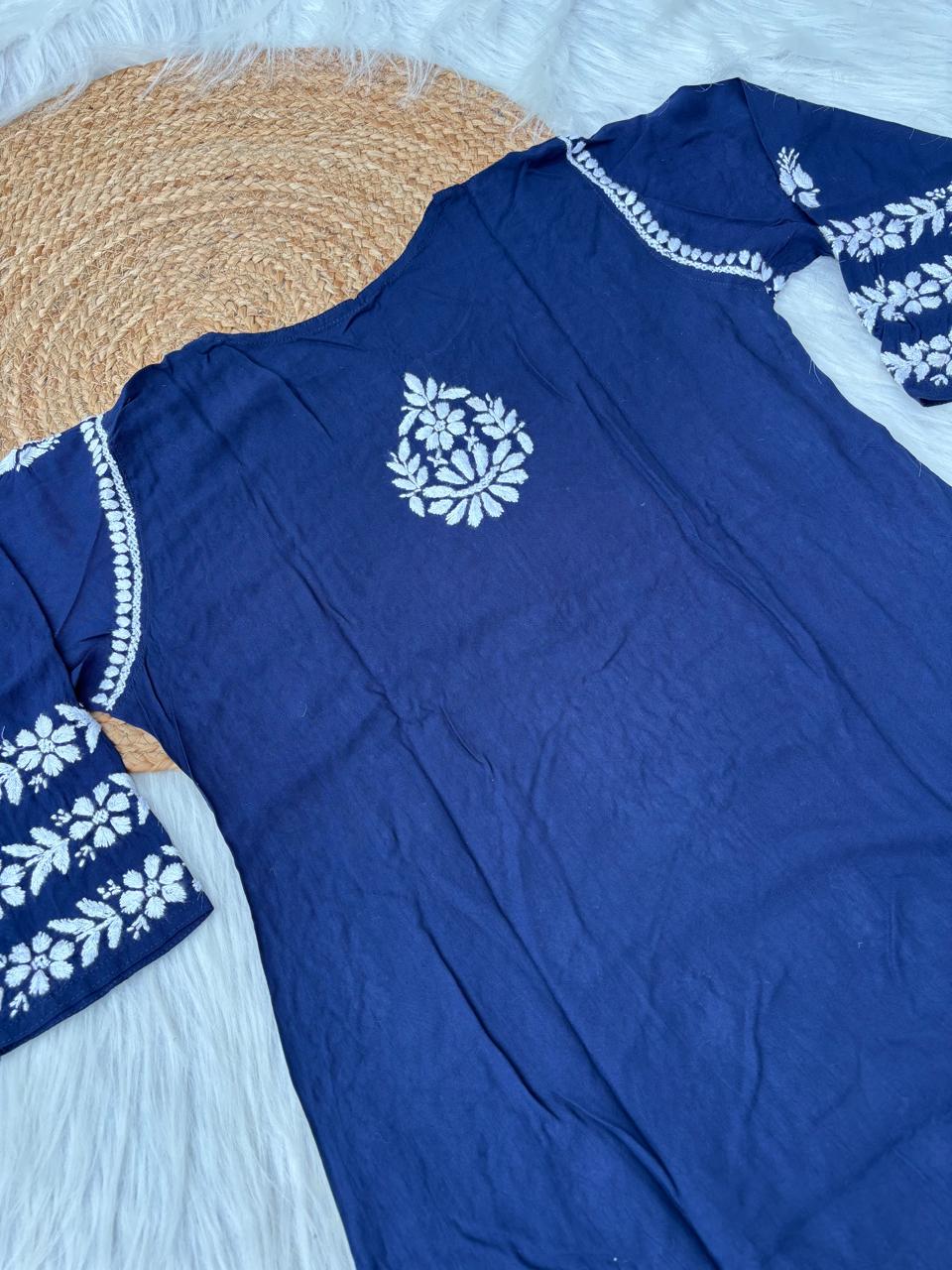 Zoobia Soft Rayon Handwork Chikankari Kurti - Blue Colour