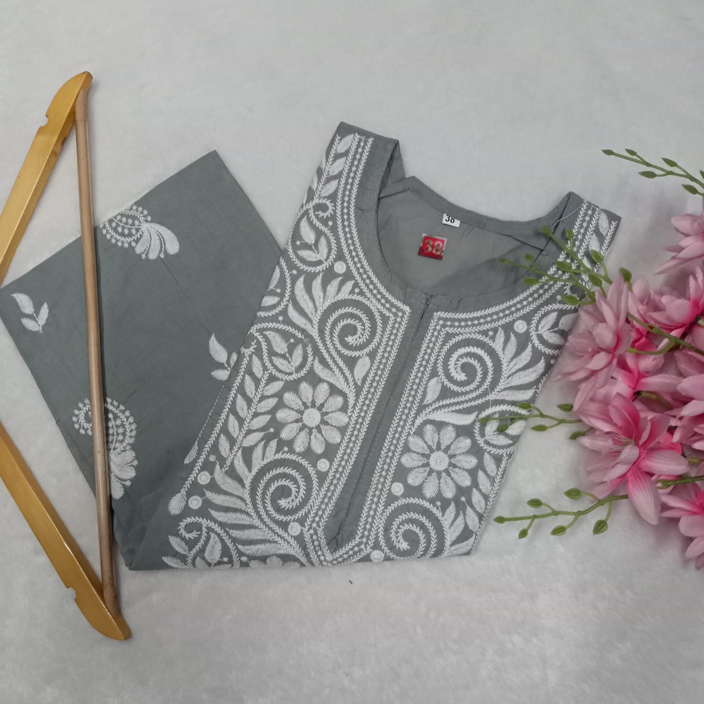 Cotton Machine Work Chikankari Kurti -  Grey Colour