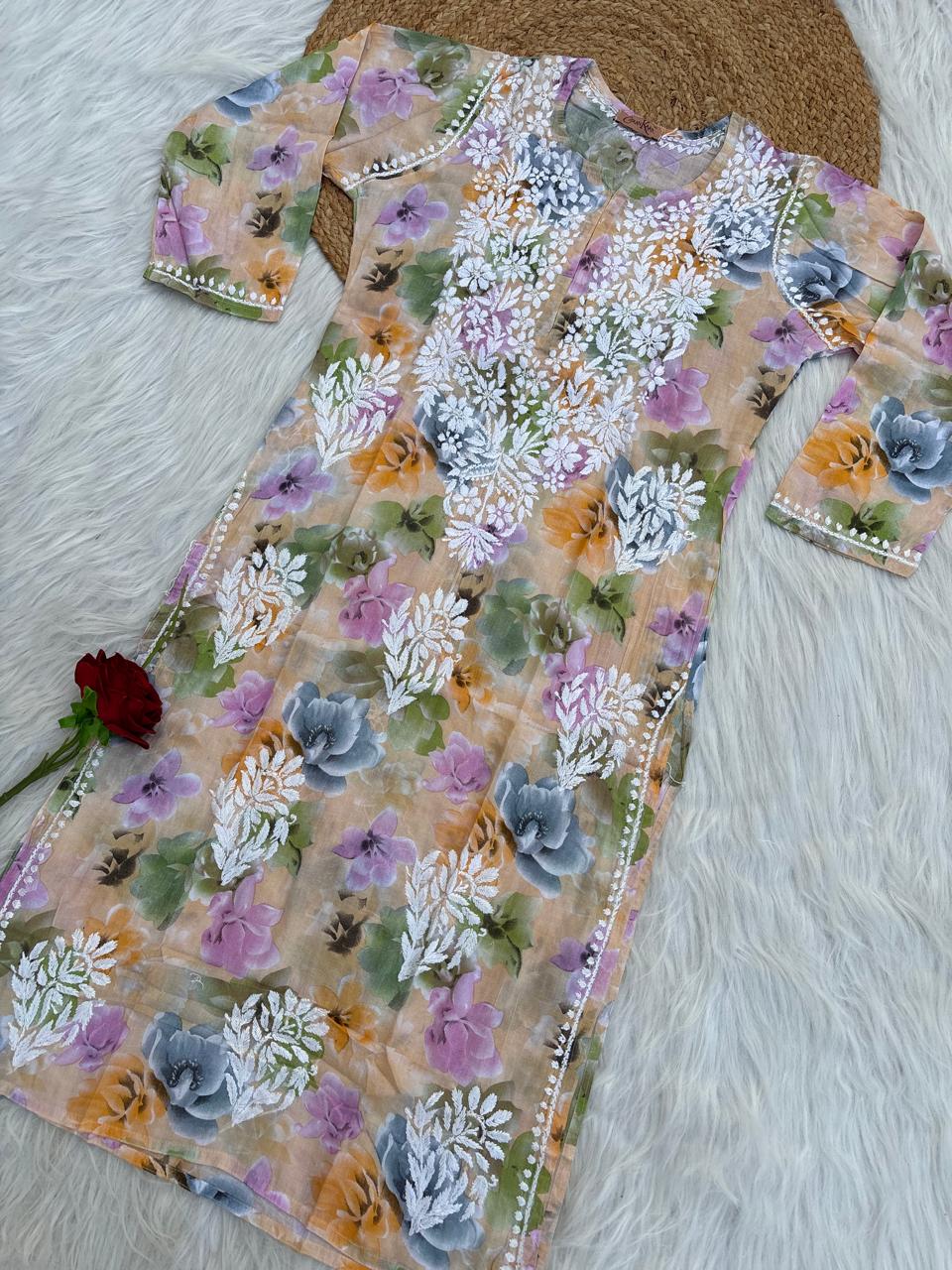 Najma Pure Mulmul Chikankari Handwork Kurti - Yellow Colour