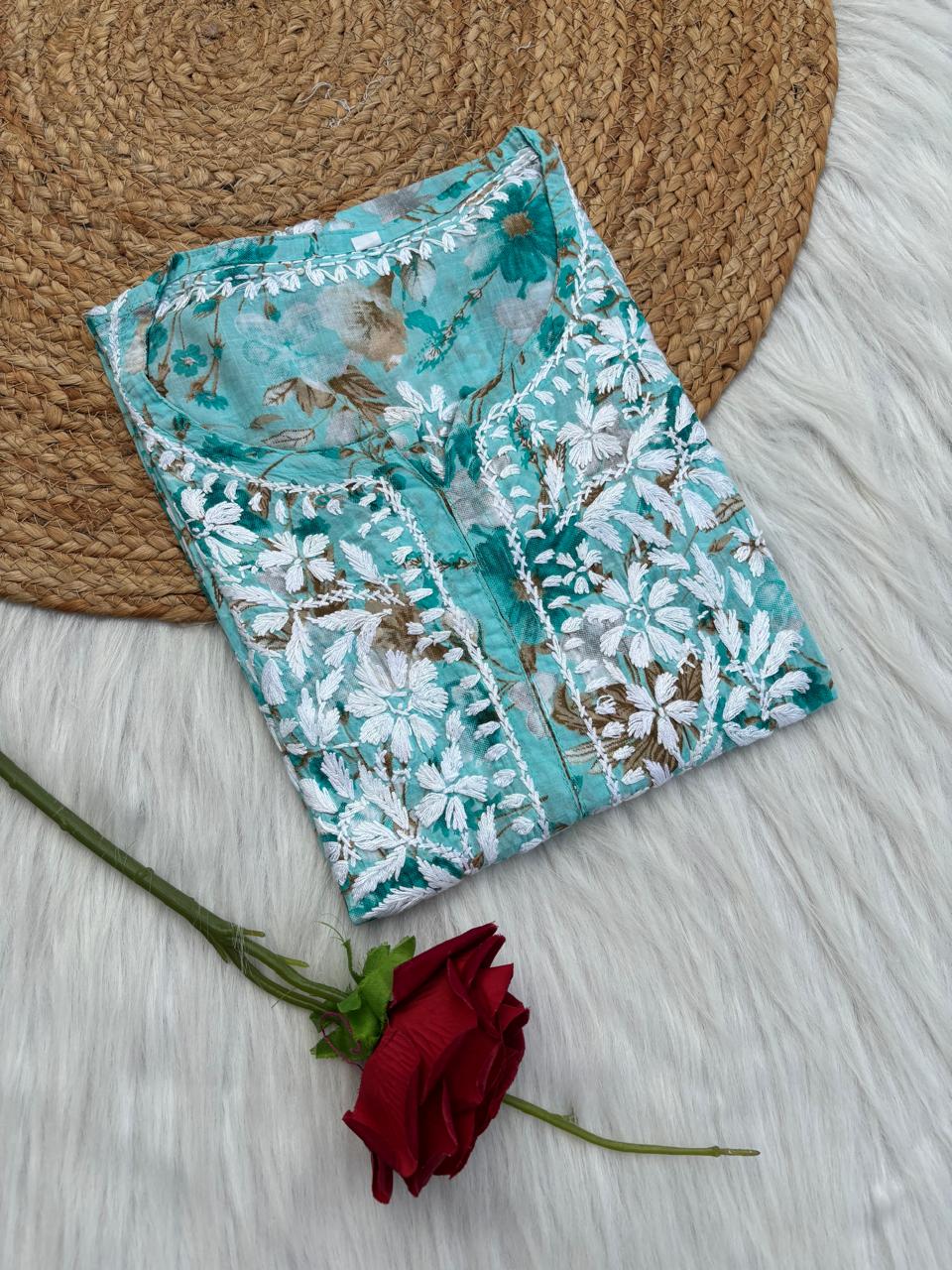 Alina Pure Mulmul Chikankari Handwork Kurti - Sea Green Colour
