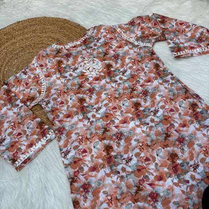 Yasmin Pure Mulmul Chikankari Handwork Kurti - Orange Colour