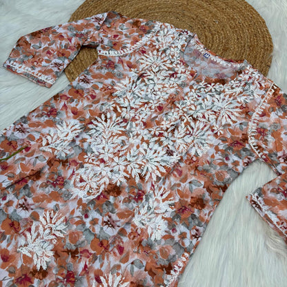 Yasmin Pure Mulmul Chikankari Handwork Kurti - Orange Colour