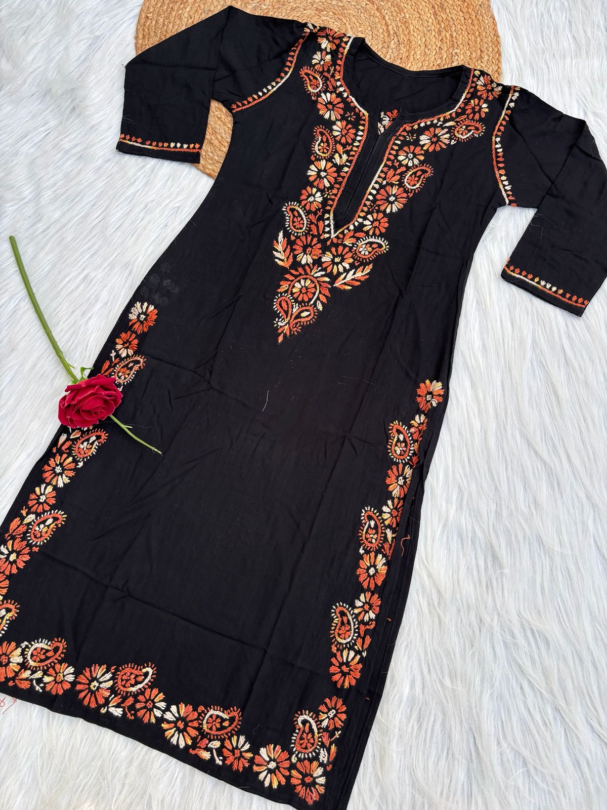 Ghada Soft Rayon Lucknowi Handwork Chikankari Kurti -Rust Colour
