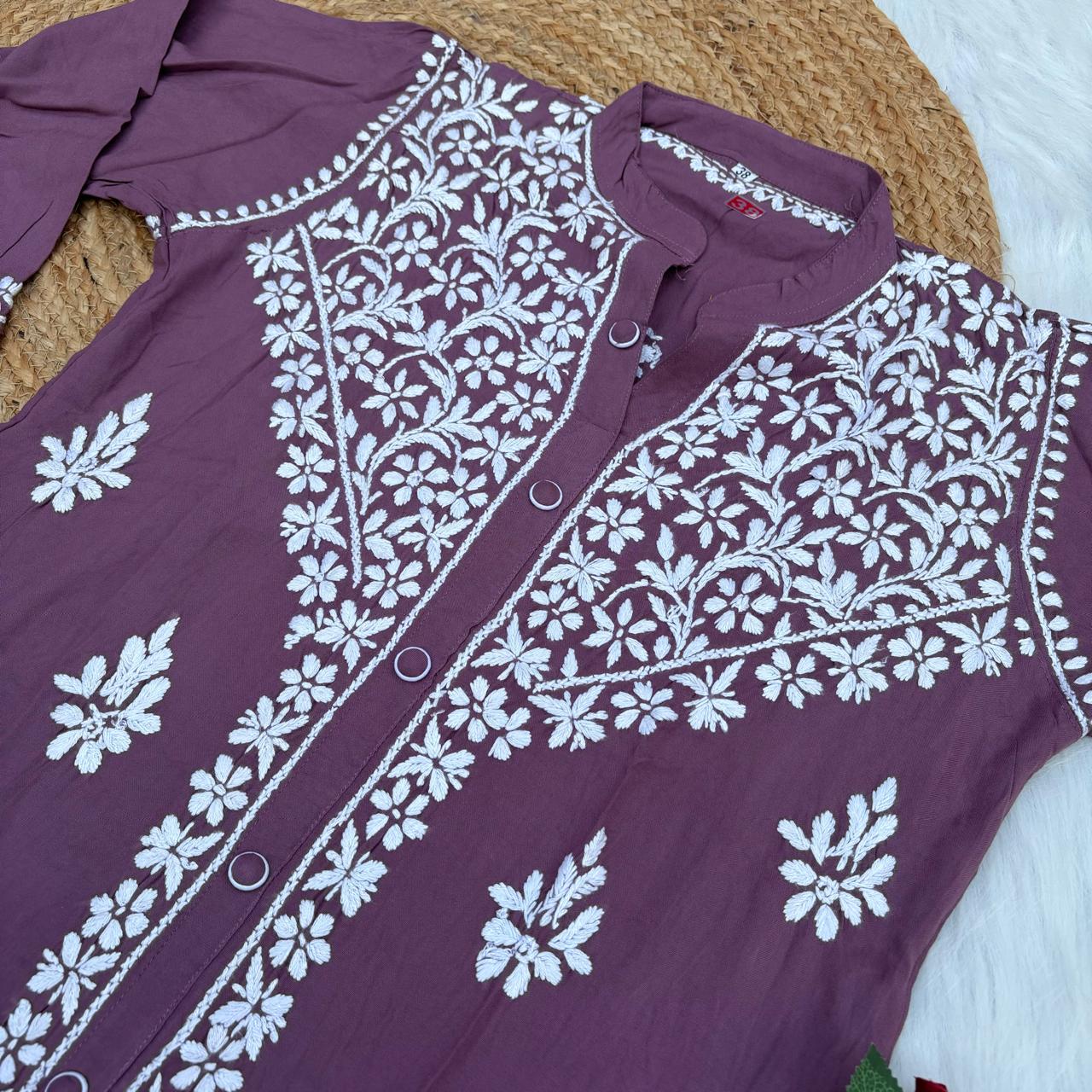 Rihana Rayon Chikankari Short Kurti Plazo Coord Set - Mauve colour