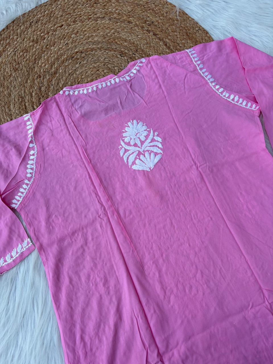 Hiba Soft Rayon Handwork Chikankari Kurti - Pink Colour