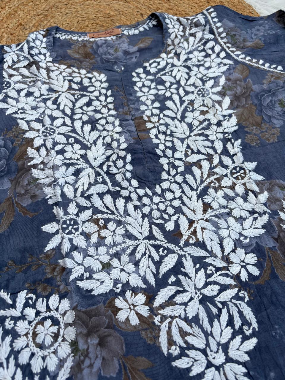 Zaina Pure Mulmul Chikankari Handwork Kurti - Grey Colour