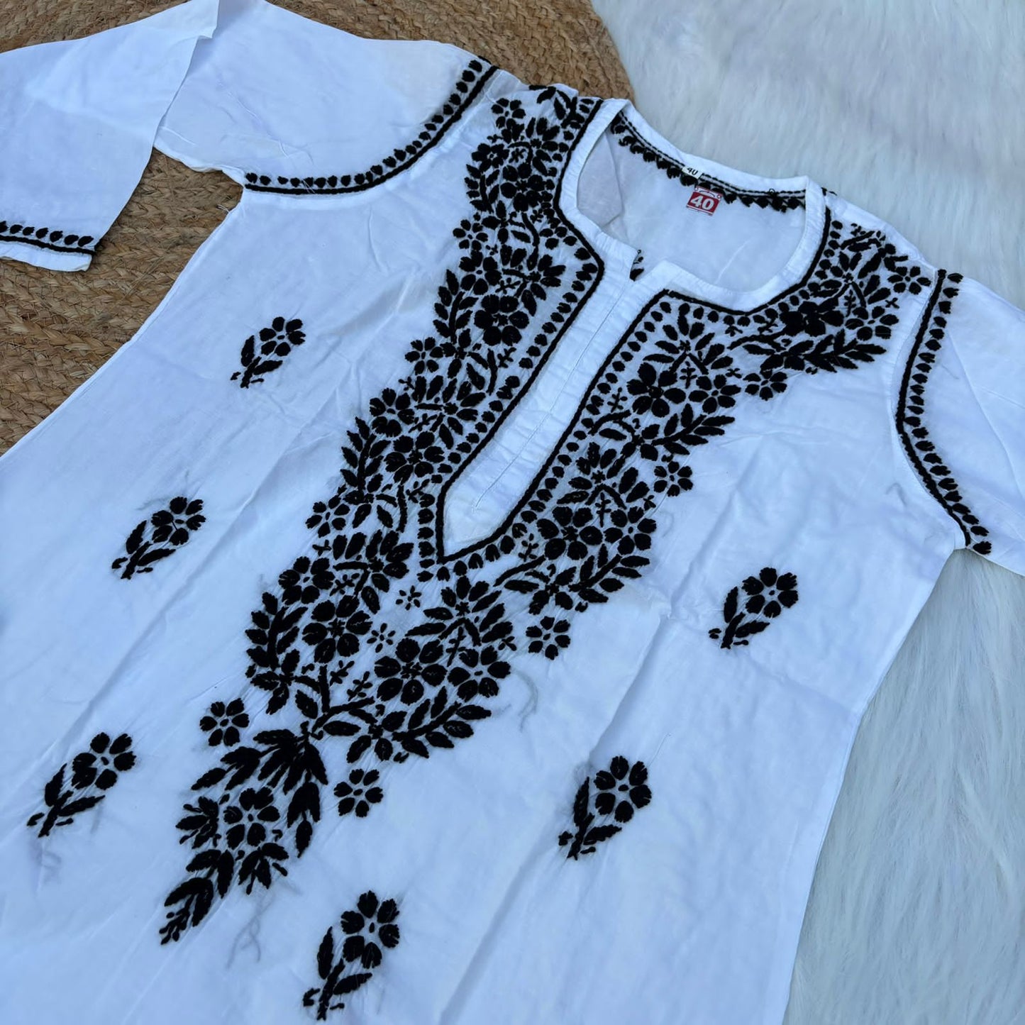 Shazana Pure Cotton Chikankari Kurti - White Black Color