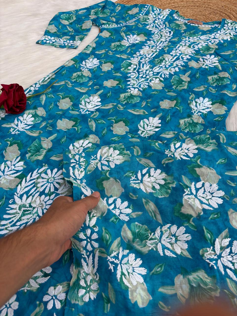 Elena Mulmul Cotton Handwork Chikankari Kurti Set - Blue Colour