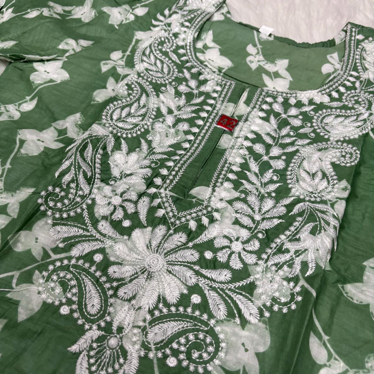 Mulmul Cotton Chikankari Machine Work Kurti -Dark Green Colour