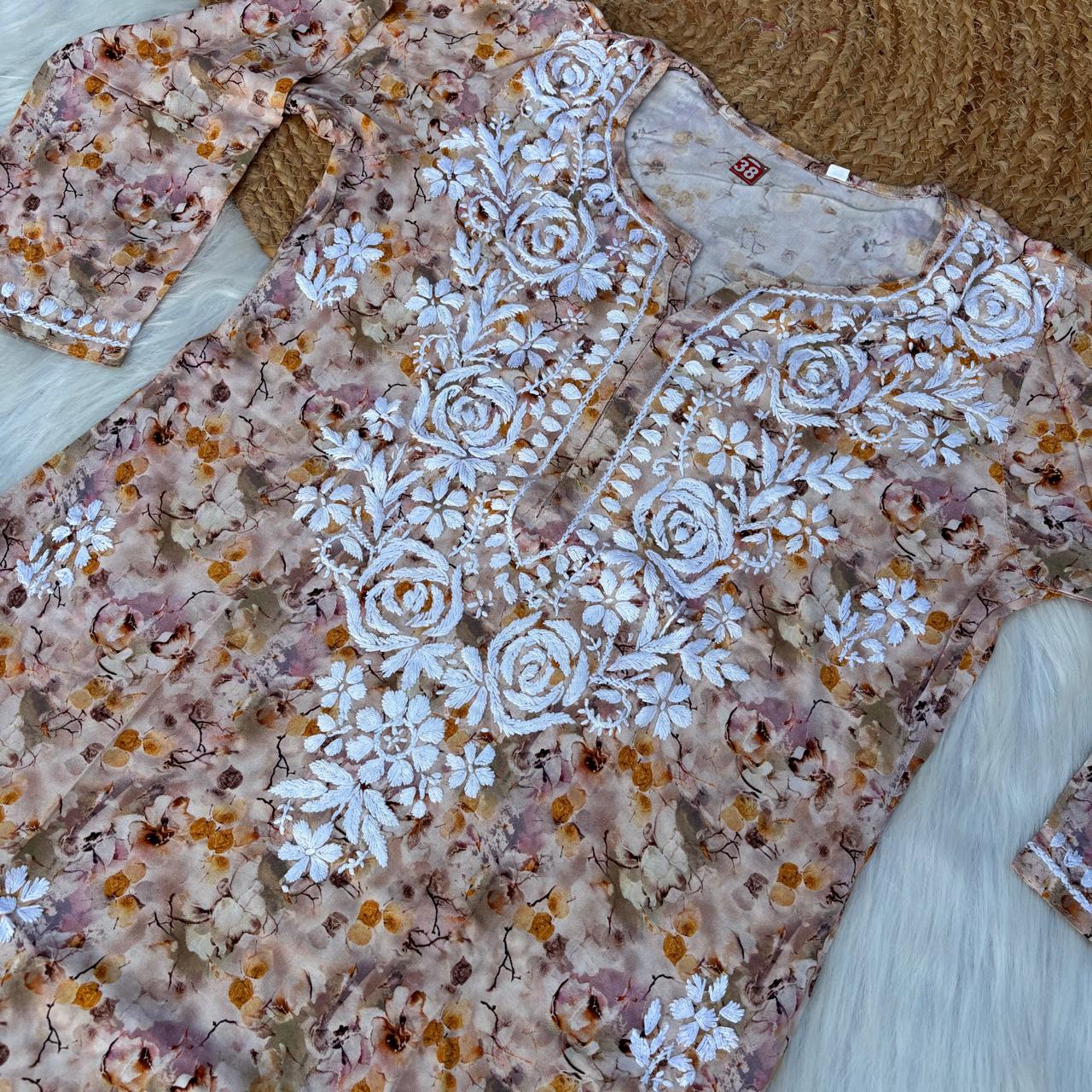 Hina Rayon Rose work Lucknowi Chikankari kurti - Cream Colour