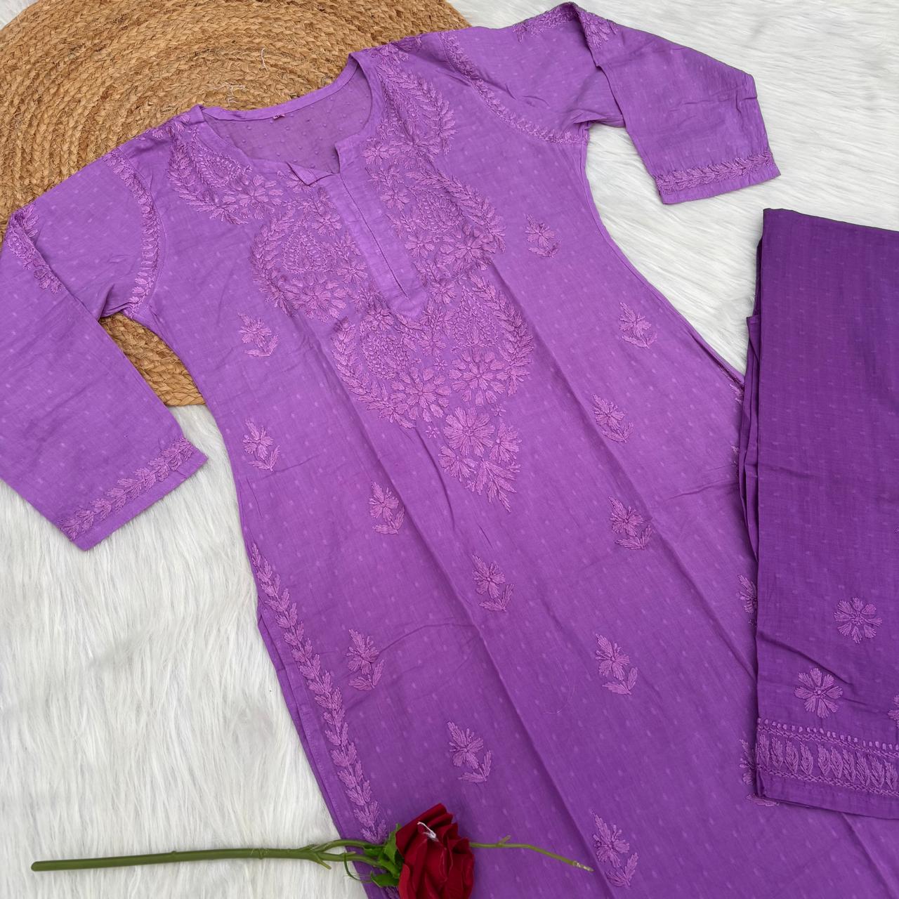 Nuha Dobby cotton Ombre shaded Lucknowi Chikankari Kurti Plazo Set - Purple Colour