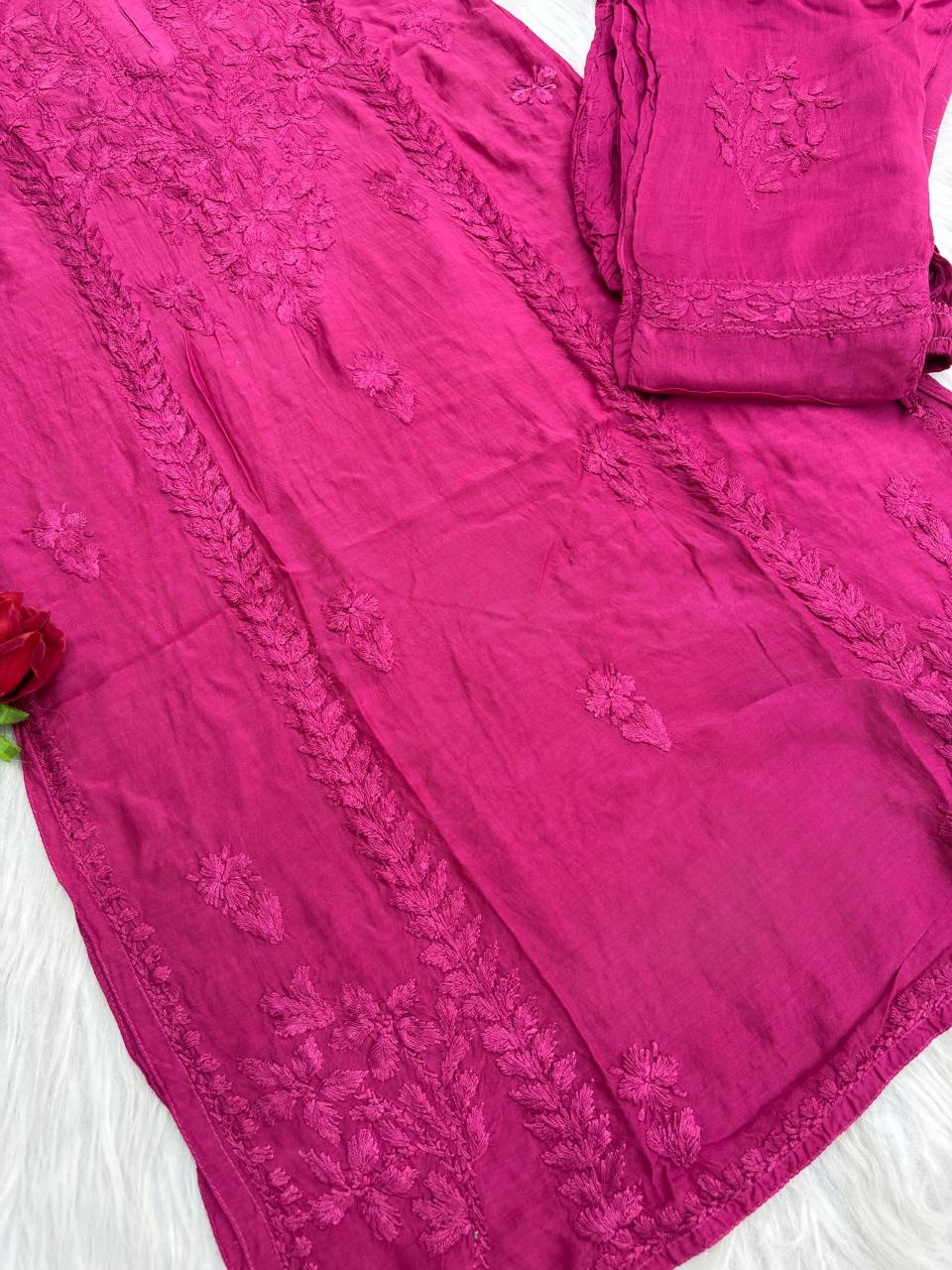 Nadia Muslin Lucknowi Chikankari Kurti Pant Set - Wine Color