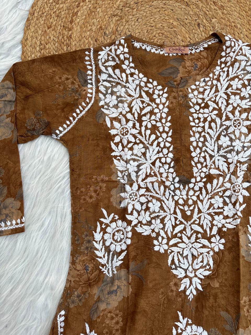 Zaina Pure Mulmul Chikankari Handwork Kurti - Mustard Colour