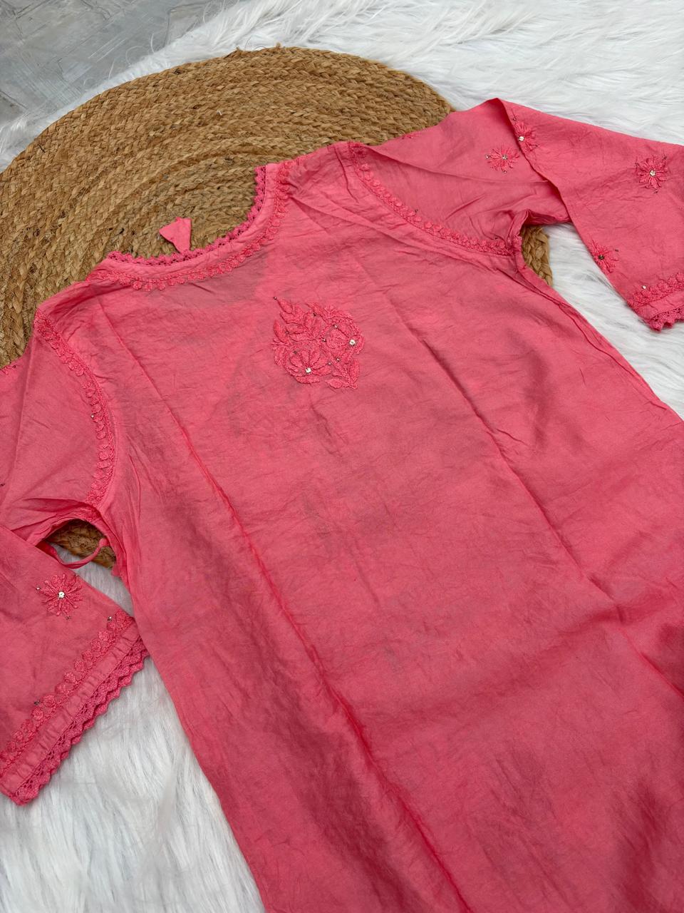 Naaz Chanderi Angrakha style Chikankari Kurti with Mukaish work -Gazri Colour