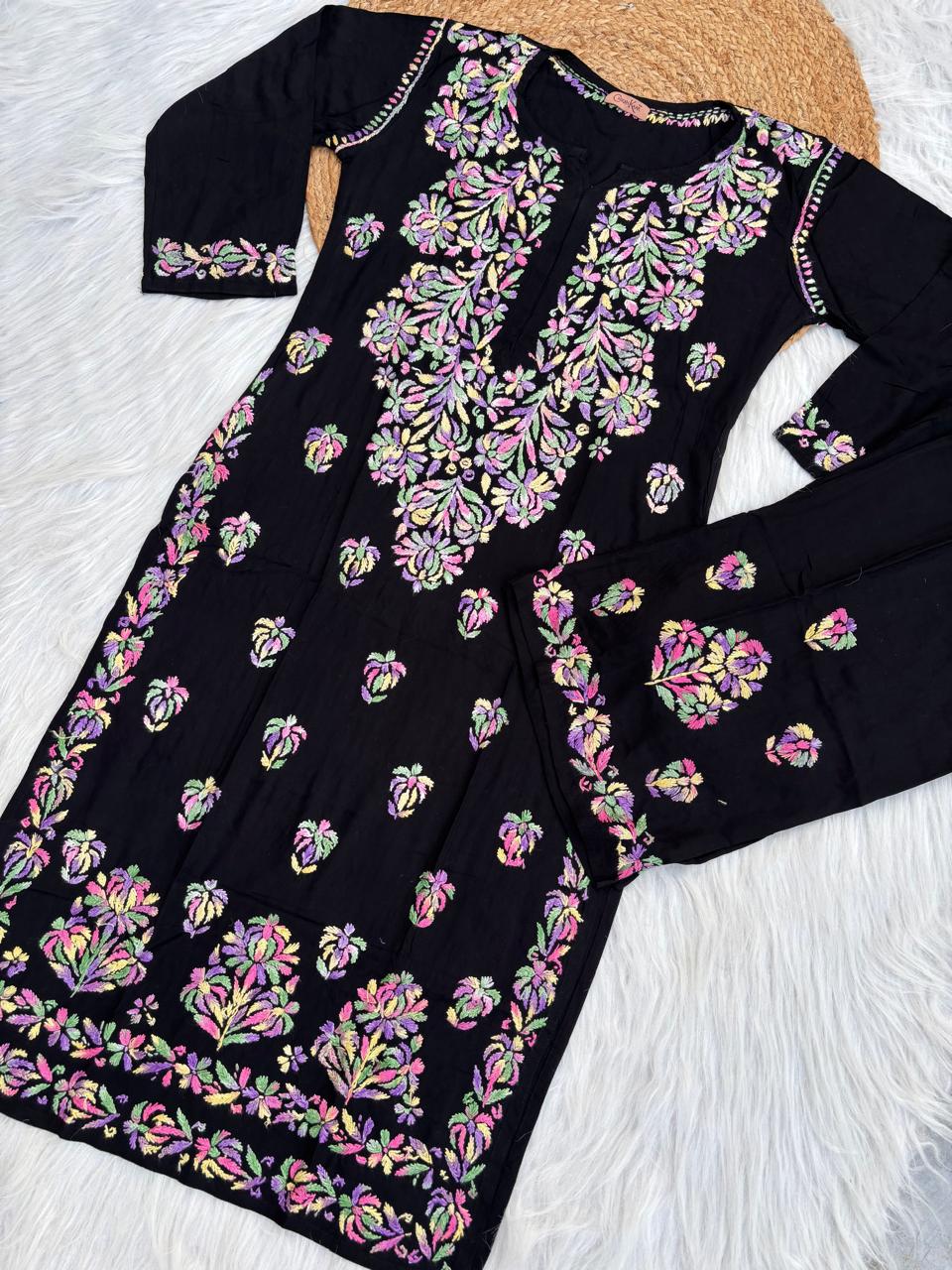 Rawa Soft Rayon Multi Handwork Chikankari Kurti Plazo Set -Purple  Colour
