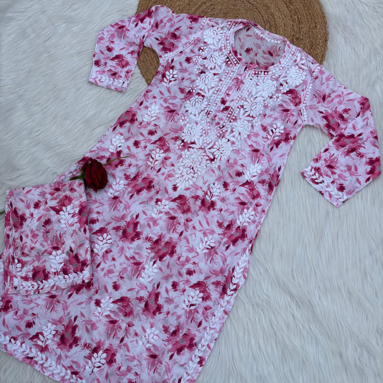 Aaliyah Mulmul Cotton Chikankari Kurti Set - Pink Colour