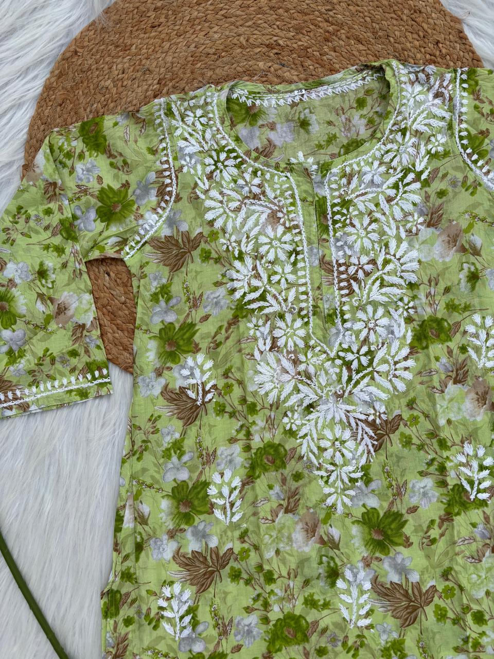 Alina Pure Mulmul Chikankari Handwork Kurti - Green Colour