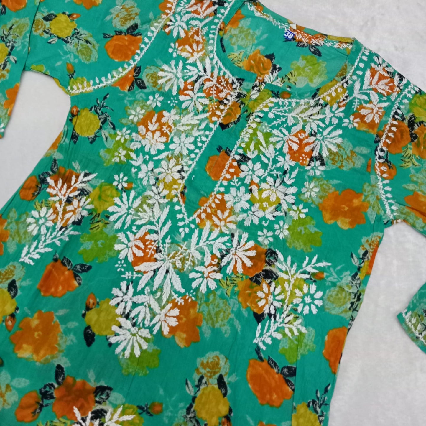 Dhanashree Inspired Mulmul Floral Printed Chikankari Handwork Kurti - Sea Green Colour