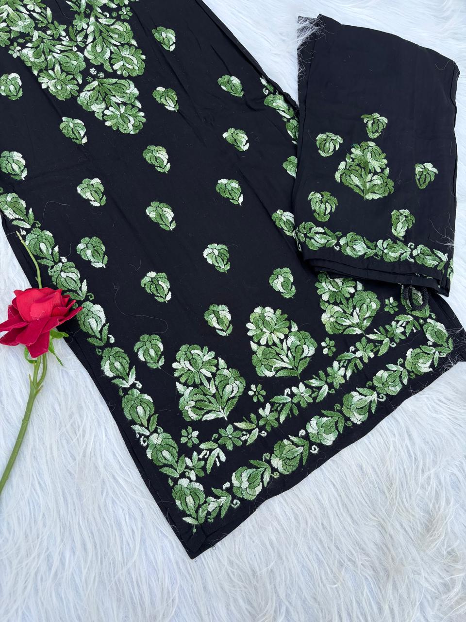 Rida Rayon Handwork Chikankari Kurti Set - Green Colour