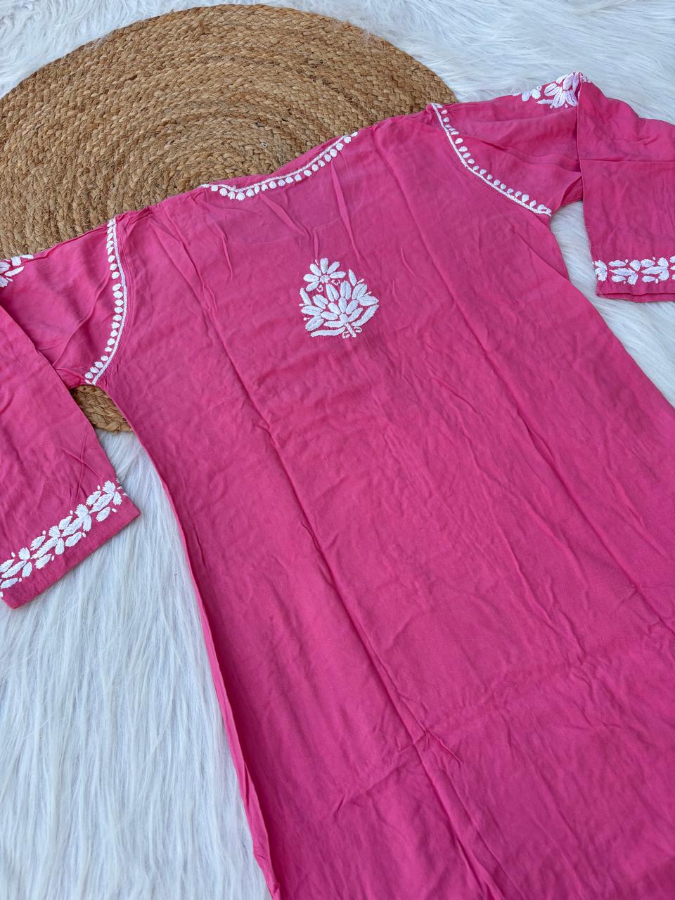 Samara Rayon Handwork Chikankari Kurti Plazo Set - Dark Pink Colour