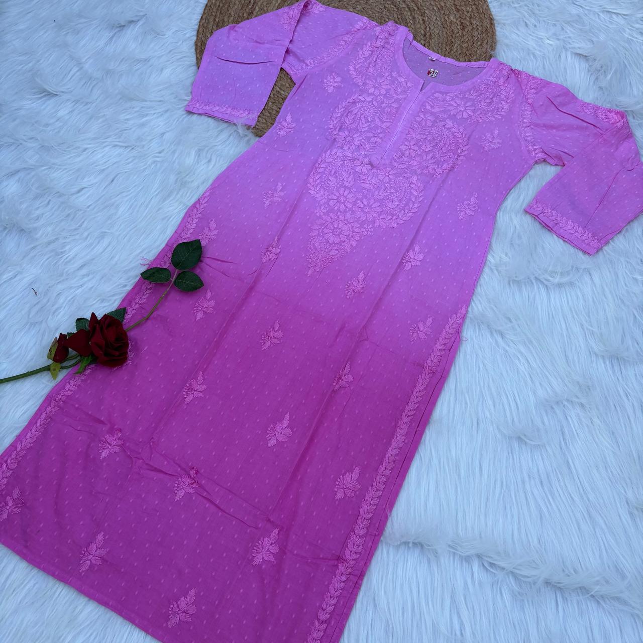 Tamanna Ombre Shaded Dobby Cotton Chikankari Kurti - Pink Colour